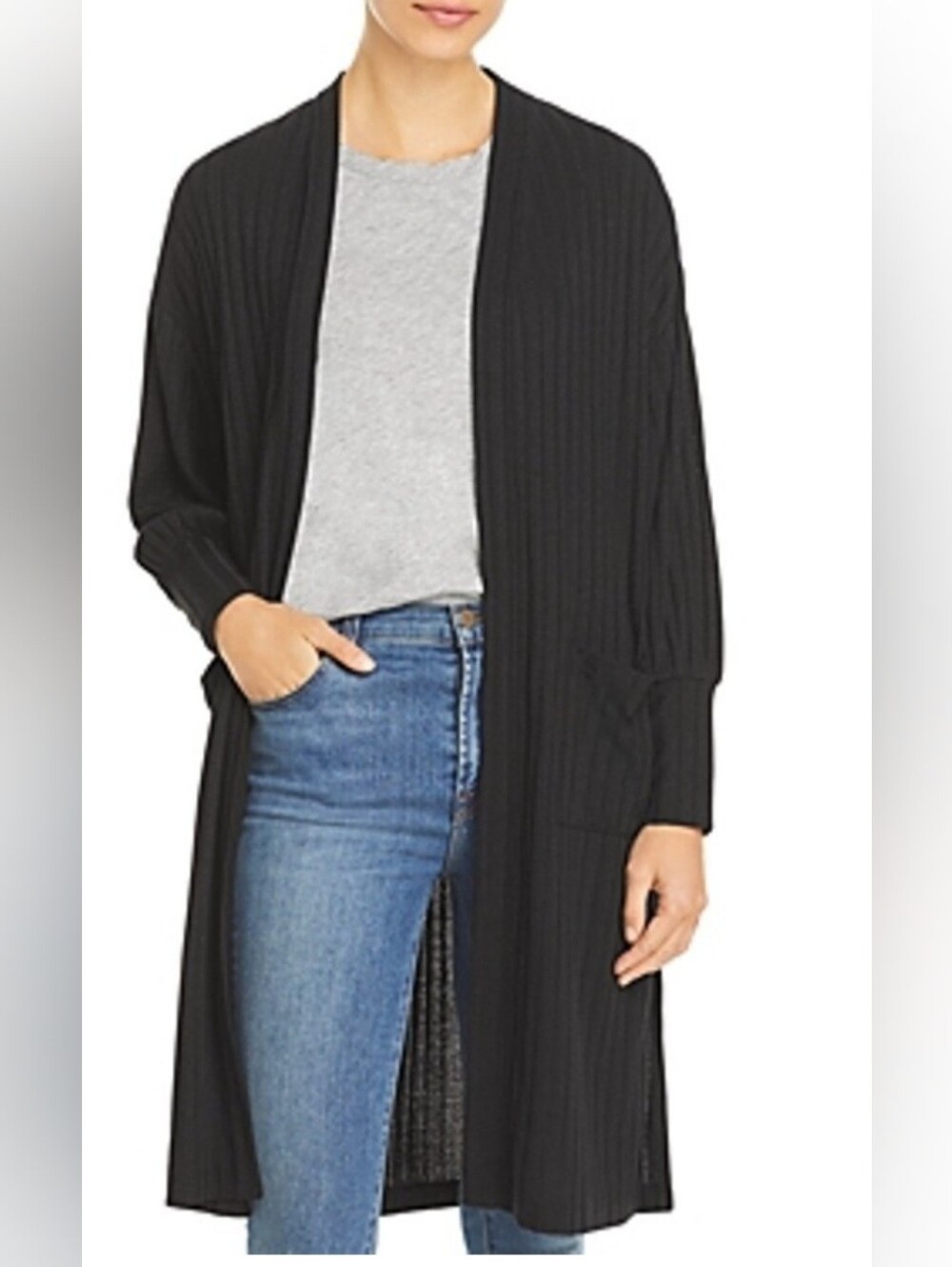 Status By Chenault Black Long Ribbed Open-Front Cardigan Size M